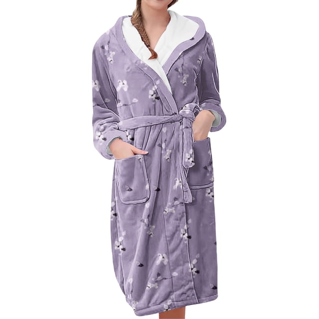 Jindong Robes en Peluche pour Femmes Robe en Polaire Longue Chaude Peignoir de Bain Veste de Détente Imprimée Robe de Confort Robes pour Femmes
