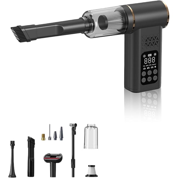 Cordless Car Vacuum and Tire Inflator 5-in-1 – Portable Air Compressor with LED Light & Digital Pressure Gauge, Handheld Vacuum Cleaner for Cars, Home, RV, Bike, Emergency Kit（black）