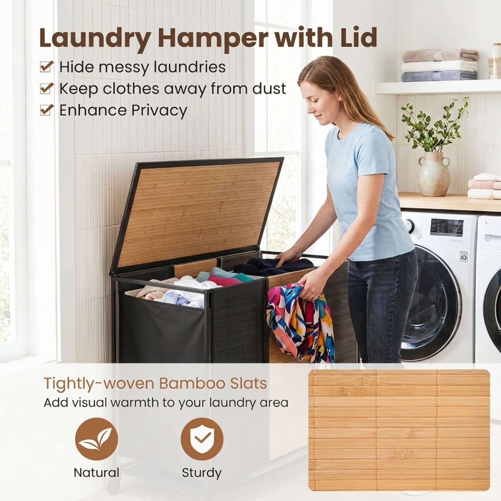 Vebreda 21.4-Gallon 3-Section Laundry Hamper with Lid & 2 Lockable Wheels, Rolling Clothes Hamper & Laundry Sorter with 3 Removable Liner Bags for Bathroom & Laundry Room
