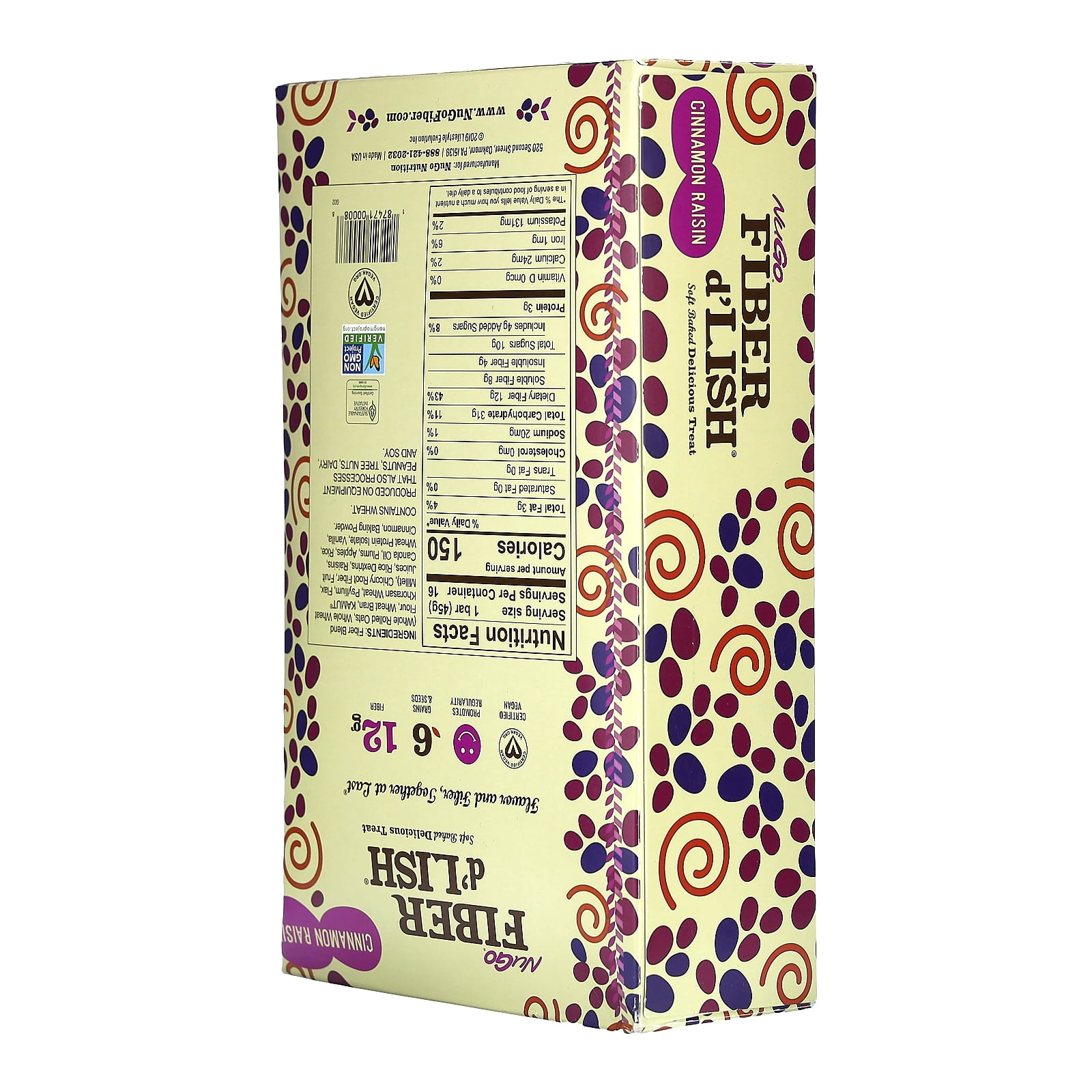 NuGo Fiber d'Lish Cinnamon Raisin, 12g High Fiber, Vegan, 16 Count