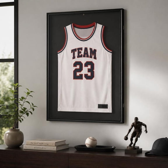 Jersey Display Frame Case, 24 X 32 X 1.5 In, Lockable Shadow Box with 98% UV Protection PC Glass, Hangers, Black