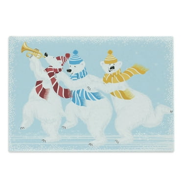 Bear Cutting Board, Christmas Time at North Pole Theme 3 Funny Characters Scarves and Trumpet, Decorative Tempered Glass Cutting and Serving Board, Large Size, Multicolor, by Ambesonne
