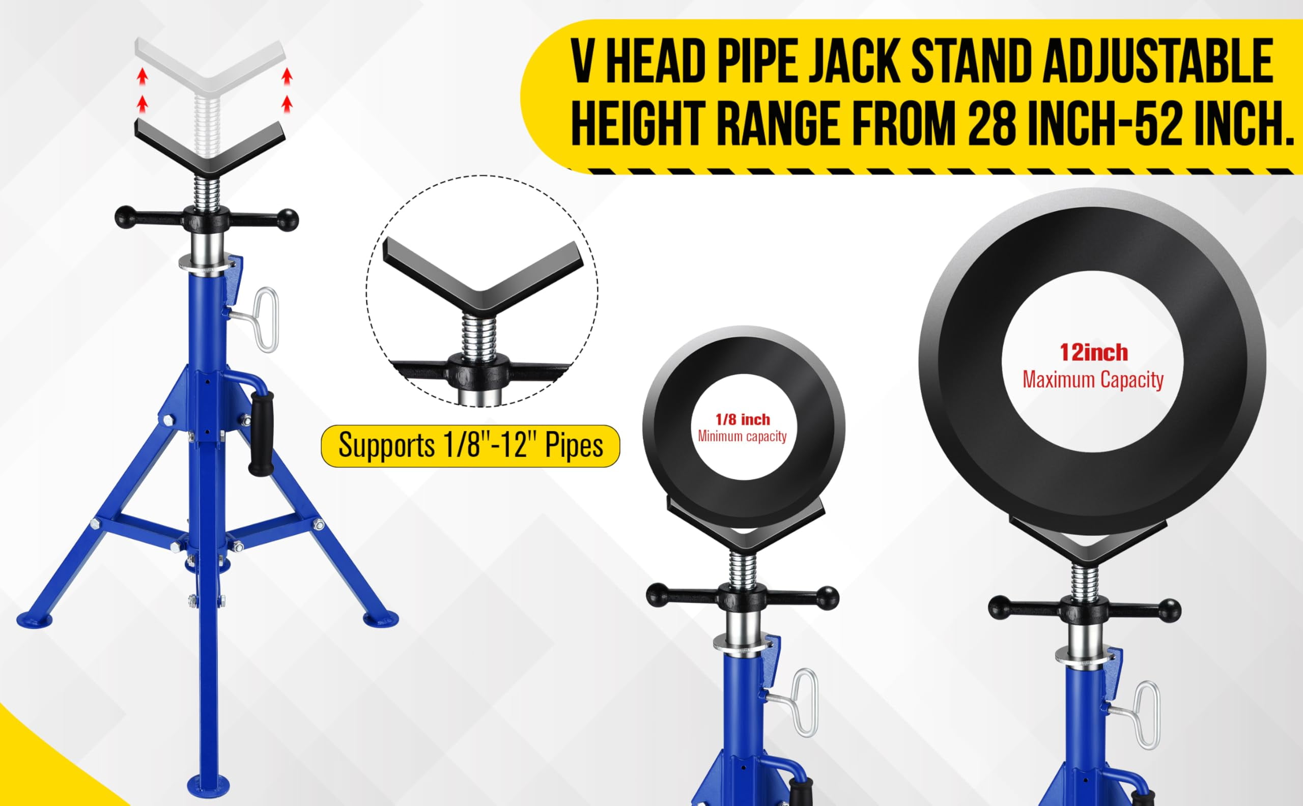 Mescukay 2500 LBS V-Head Pipe Jack Stand, Heavy Duty Steel Jack Stands with Folding Legs, 28"-52" Adjustable Height Portable Tripod Pipe Stands for Welding, Pipe Threading