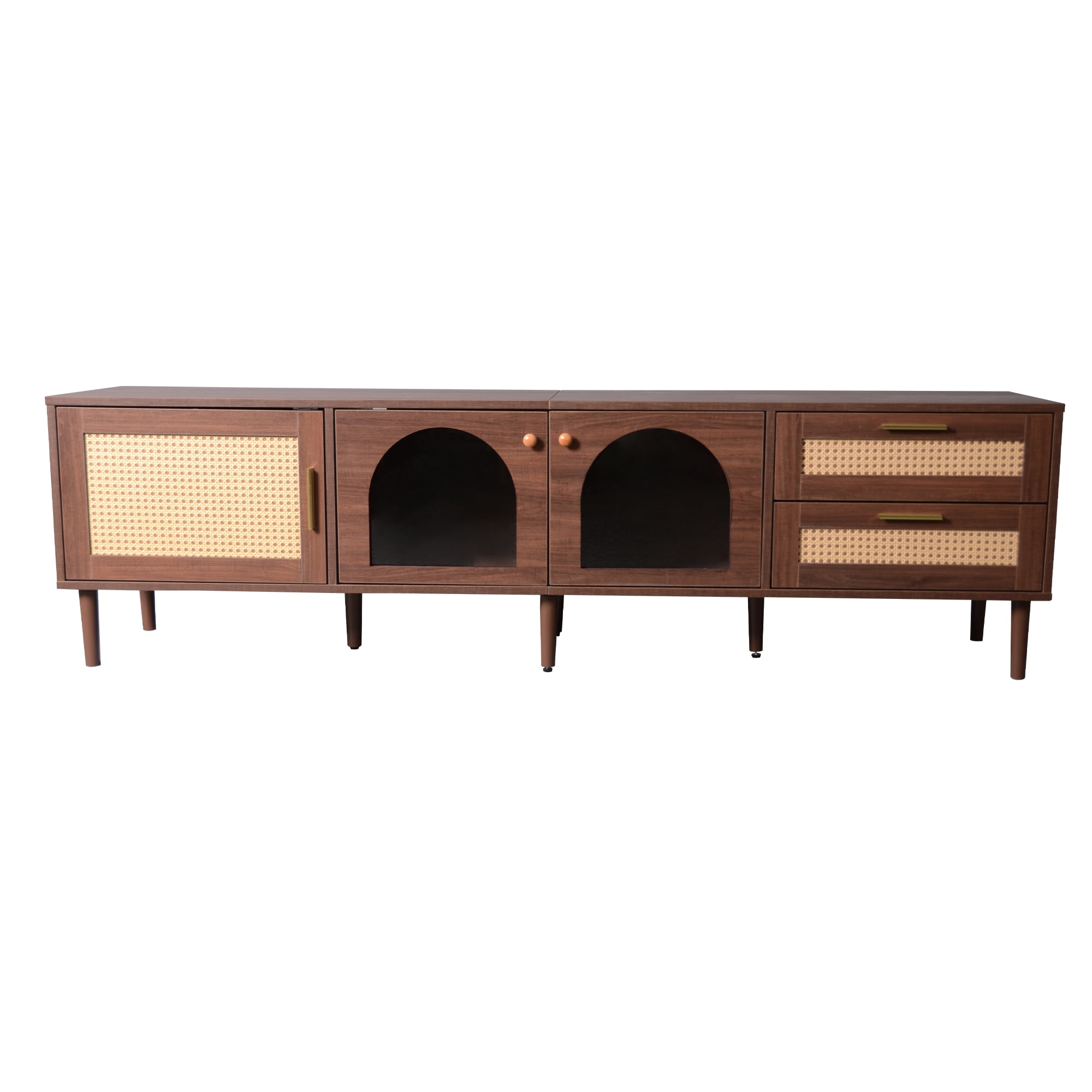 TV Stand for TVs up to 80 Inch, Entertainment Center with App-Controlled LED Lights & Rattan Doors, Media Console with Glass Door Storage for Living Room