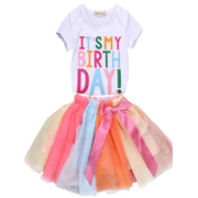 Inevnen Toddler Baby Girls Birthday Outfits Set Letters T-Shirt + Colorful Rainbow Skirts