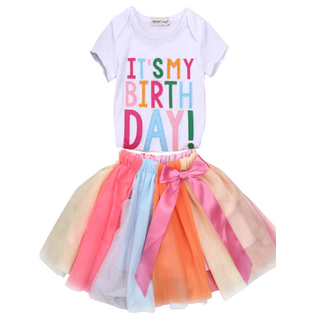 Inevnen Toddler Baby Girls Birthday Outfits Set Letters T-Shirt + Colorful Rainbow Skirts