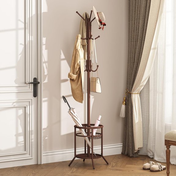 Metal Coat Rack with Umbrella Holder, 12 Hooks, Brown - Freestanding Entryway Organizer for Home and Office
