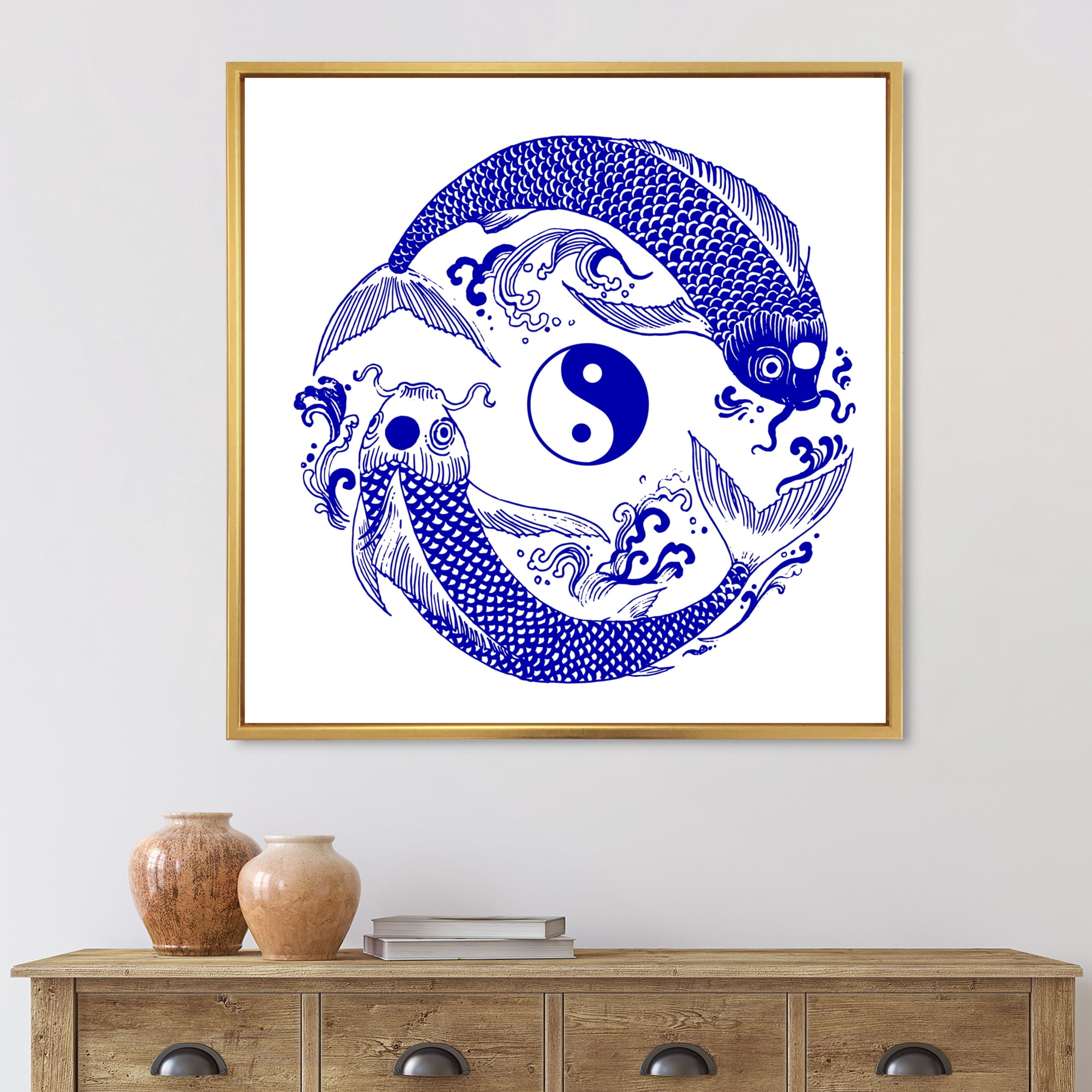 Designart 'Blue Chinoiserie Koi Fish II' Traditional Framed Canvas Wall Art Print