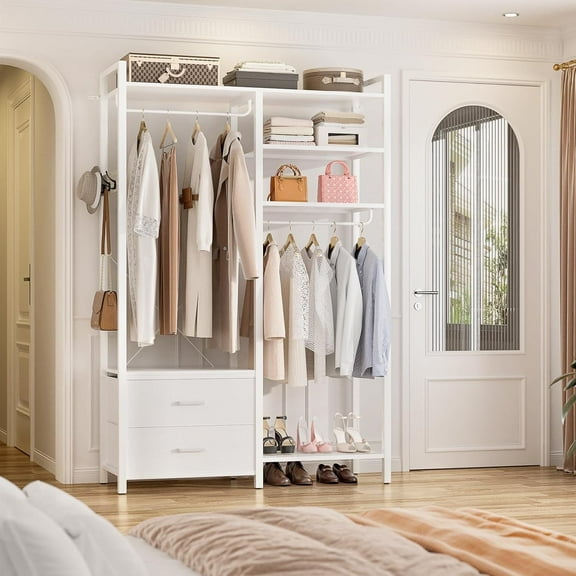 6-Tier Heavy Duty Reversible Clothes Rack with Shelves & 2 Drawers - Space Saving Wardrobe System, Freestanding Closet Organizer with Hooks for Home/Office/Laundry,White