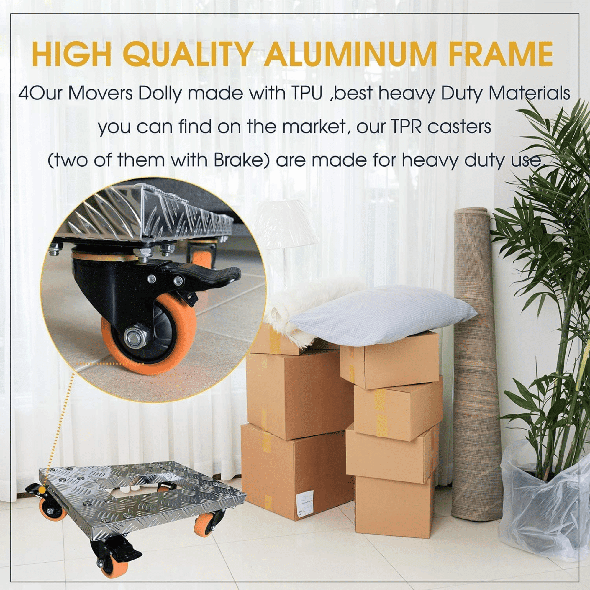 Heavy Duty Furniture Dolly, 18" x 12" Aluminum Moving Cart with 3" TPU Swivel Casters & Brakes, 800 lbs Capacity