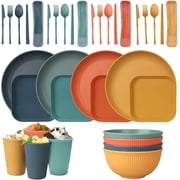 PandaTop Wheat Straw Dinnerware Sets, 36Pcs Dishes Dinnerware Sets Microwave and Dishwasher Safe, Reusable Lightweight Tableware Set, Premium Dinner Plates Kids Plates and Bowls Sets for 4 People