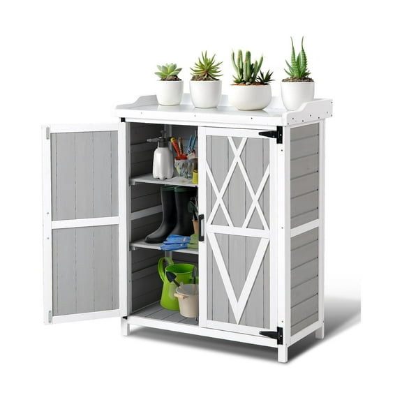 Home Outdoor Potting Bench - Wooden Storage Cabinets with Metal Tabletop Planting Work Benches with Adjustable Shelf Double Doors Garden Work Bench for Backyard Patio Lawn
