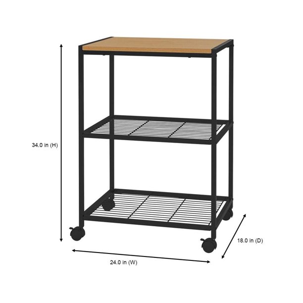 Industrial Black Metal Rolling Kitchen Microwave Cart with Wooden Top