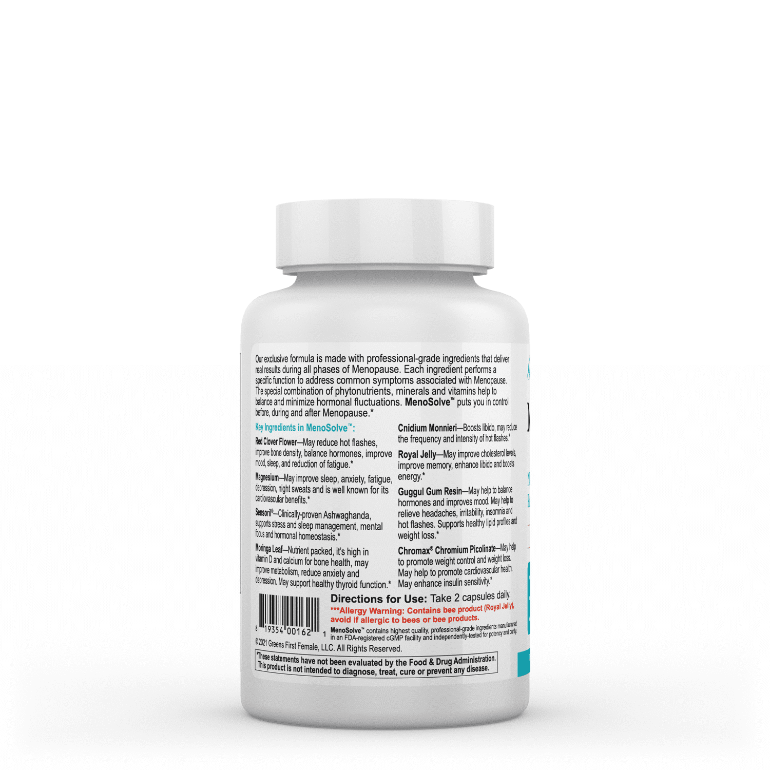 Greens First Female MenoSolve Plus Probiotics Menopause Natural Supplement for Women, Dairy-Free, Gluten-Free, Soy-Free, 60 Vegetable Capsules