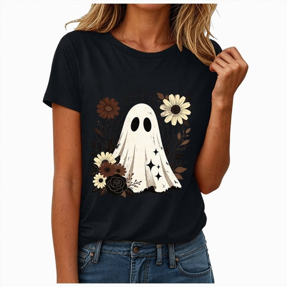 mgoYE Halloween Tshirts Women Plus Size Halloween Shirts Crew Neck Loose Tee Tunic Tops Womans Shirts(Black,S)