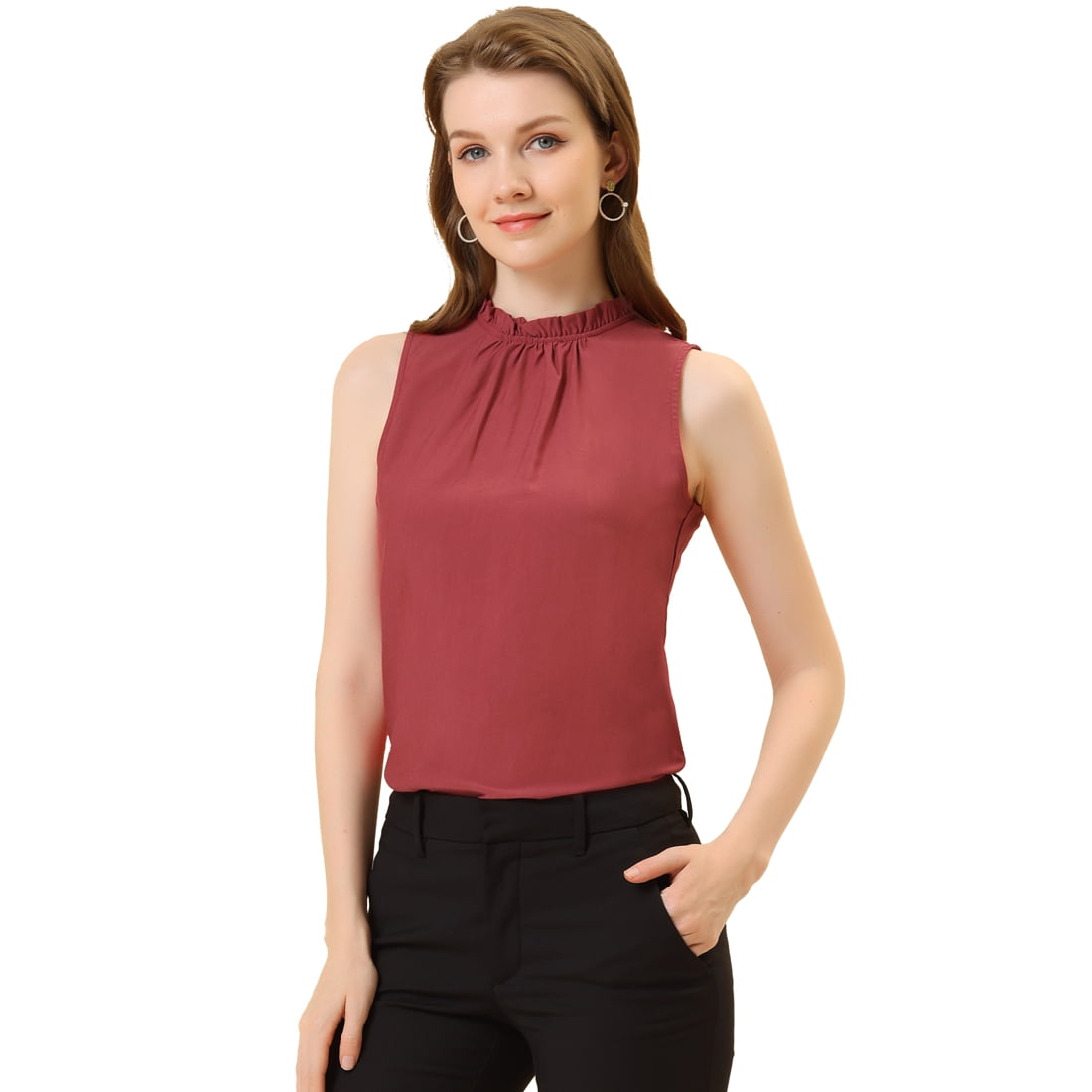 Denim Sleeveless Top Frill Mock Neck Ruffle Chambray Blouse Burgundy XS