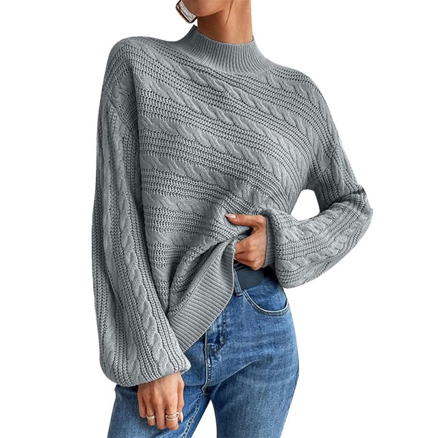 Suéter con cuello simulado Tejido de cable Color puro Hombro caído Manga larga Suéter de ajuste casual para mujer Gris M