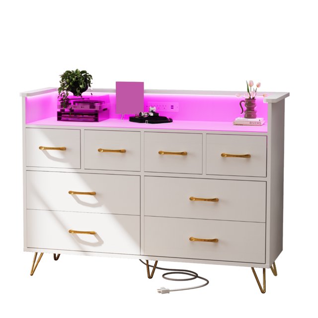 Multi-Functional 8-Drawer Dresser with Open Shelf | Features LED Lighting & Charging for Bedroom & Living Room