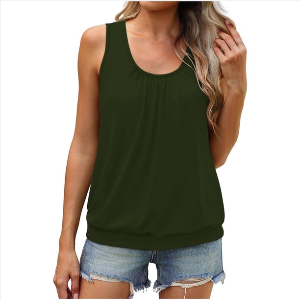Camiseta de Tirantes Holgada de Verano para Mujer, Plisada, con Cuello Redondo, Informal, Sin Mangas, Verde , XXL
