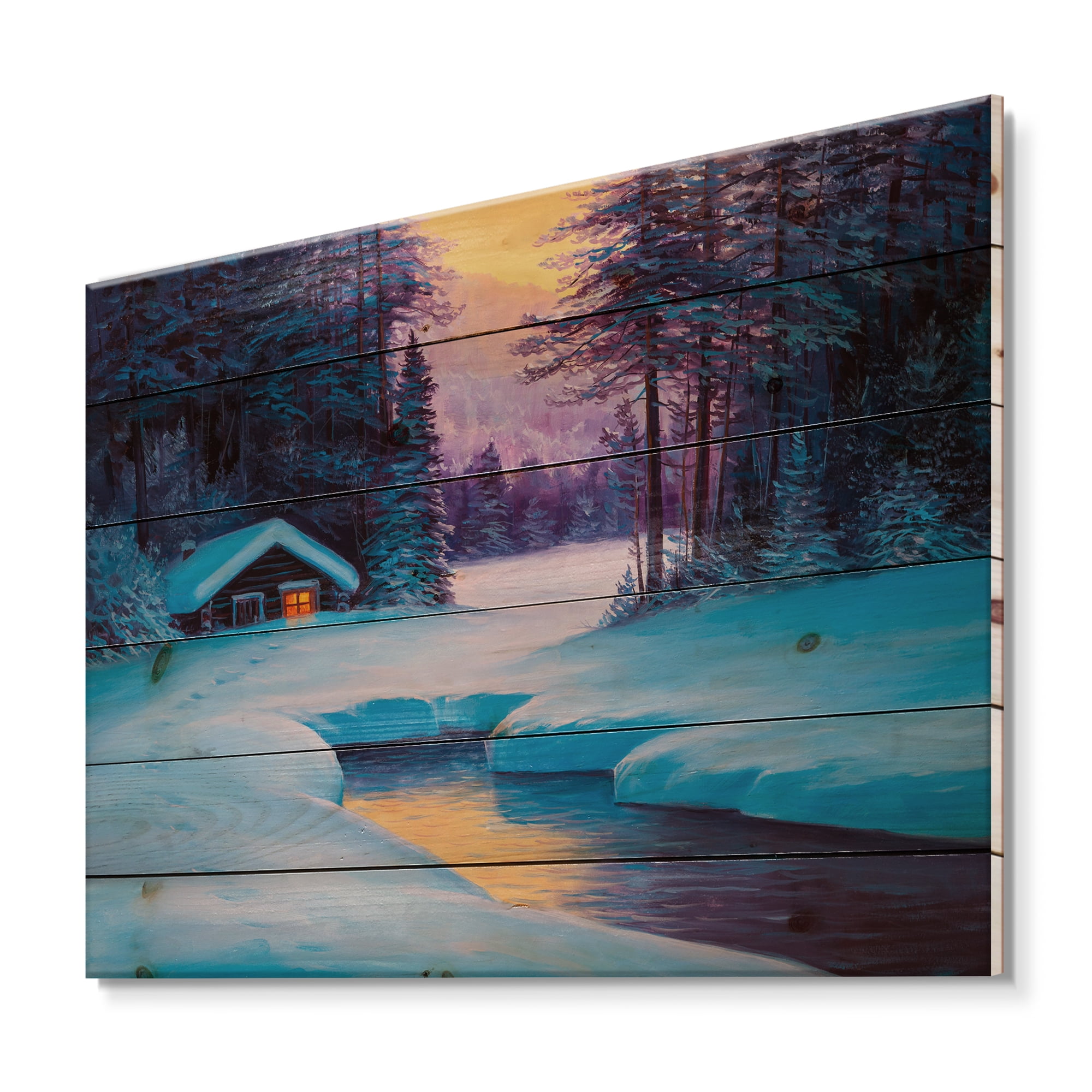 Designart 'Old Cabin In Winter Forest In Evening Glow II' Traditional Print on Natural Pine Wood