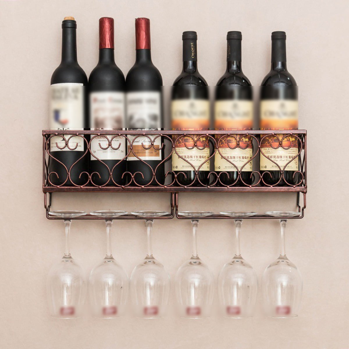 Warm Van Metal Wall Mounted Wine Rack for Bar,6 Long Stem Bottle and Glass Holder for Home Kitchen or Dining,Wine Accessories Cork Storage Organization Store 