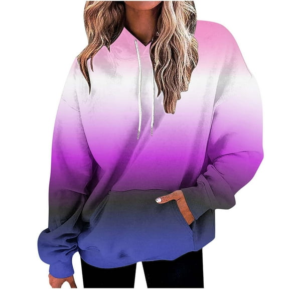 QUINDOS Womens Hoodies Womens Sweatshirts Casual Long Sleeve Gradient Color Crew Neck Pullover Tops