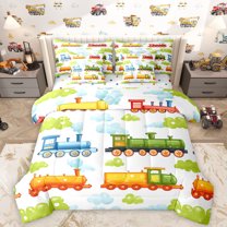 Homewish Green Blue Clouds 7pcs Bedding Comforter Set,Toy Train Queen Bedding Sets,Colorful Vehicles Car Queen Sheet Sets For Boys Teens,Super Cozy Room Decor Reversible