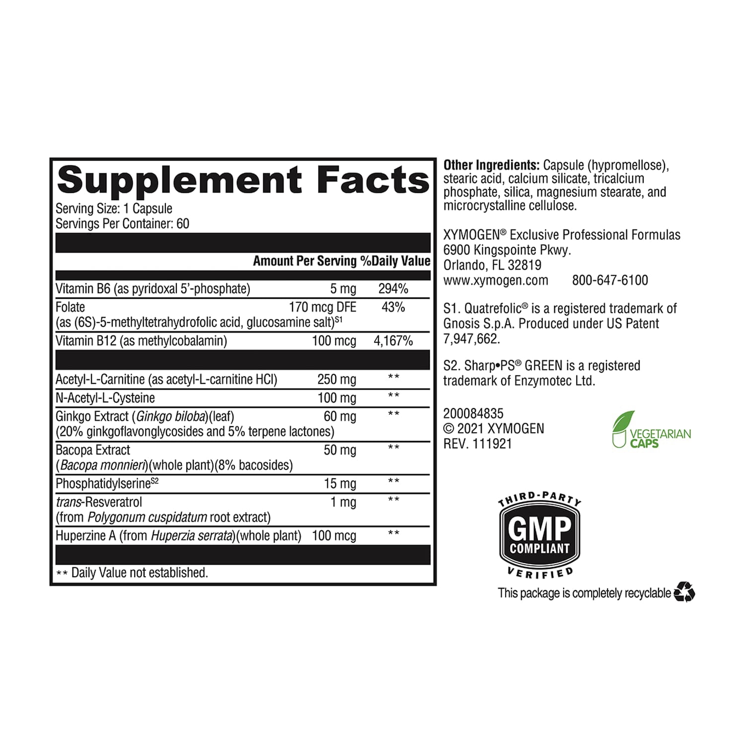 XYMOGEN MemorAll - Brain Support Supplement - Vitamins + Botanicals That Support Cognitive Function and Healthy Memory - Folate, Ginkgo, NAC, Phosphatidylserine, B12, B6, Huperzine A (60 Capsules)