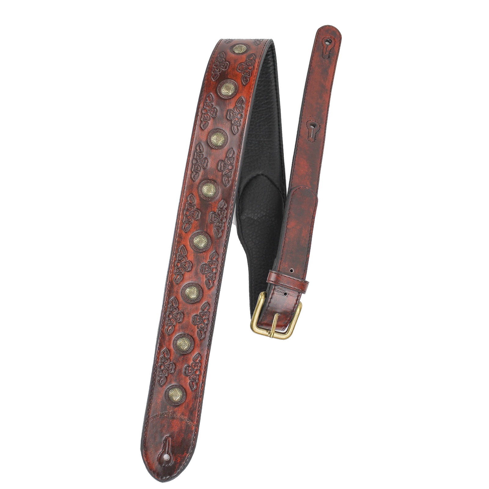Walker & Williams Antique Cherry Padded Leather Guitar Strap with Brass Coin Studs Walker & Williams GE-202