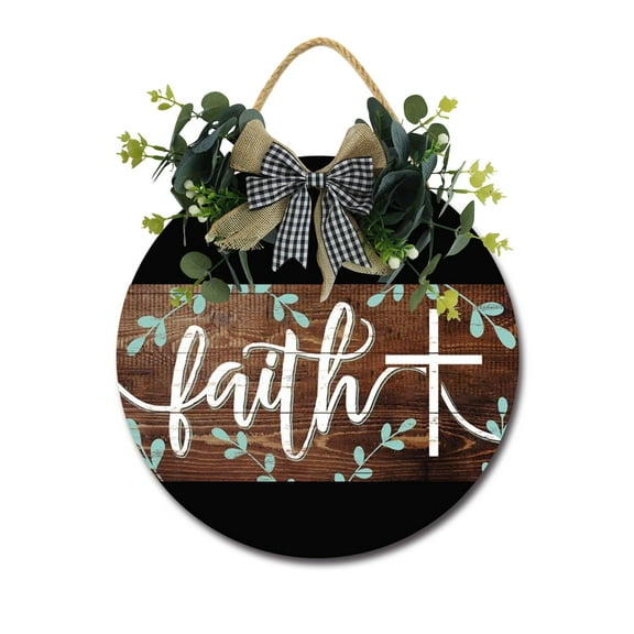 Faith Front Door Sign Funny Wreaths Hanging Wooden Plaque Decoration Round Rustic Wood Farmhouse Porch Decor for Home Front Door Decor, 11 x 11 Inch