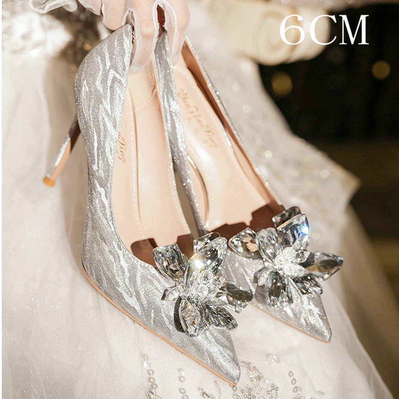 2024 Silver Glitter New Wedding Shoes Thin Heel Pointed Light