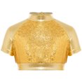 thumbnail image 6 of Aislor Girls Jazz Dance Outfit Mock Neck Short Sleeve Sequins Metallic Back Invisible Zipper Crop Top with Pants Gold 10, 6 of 7