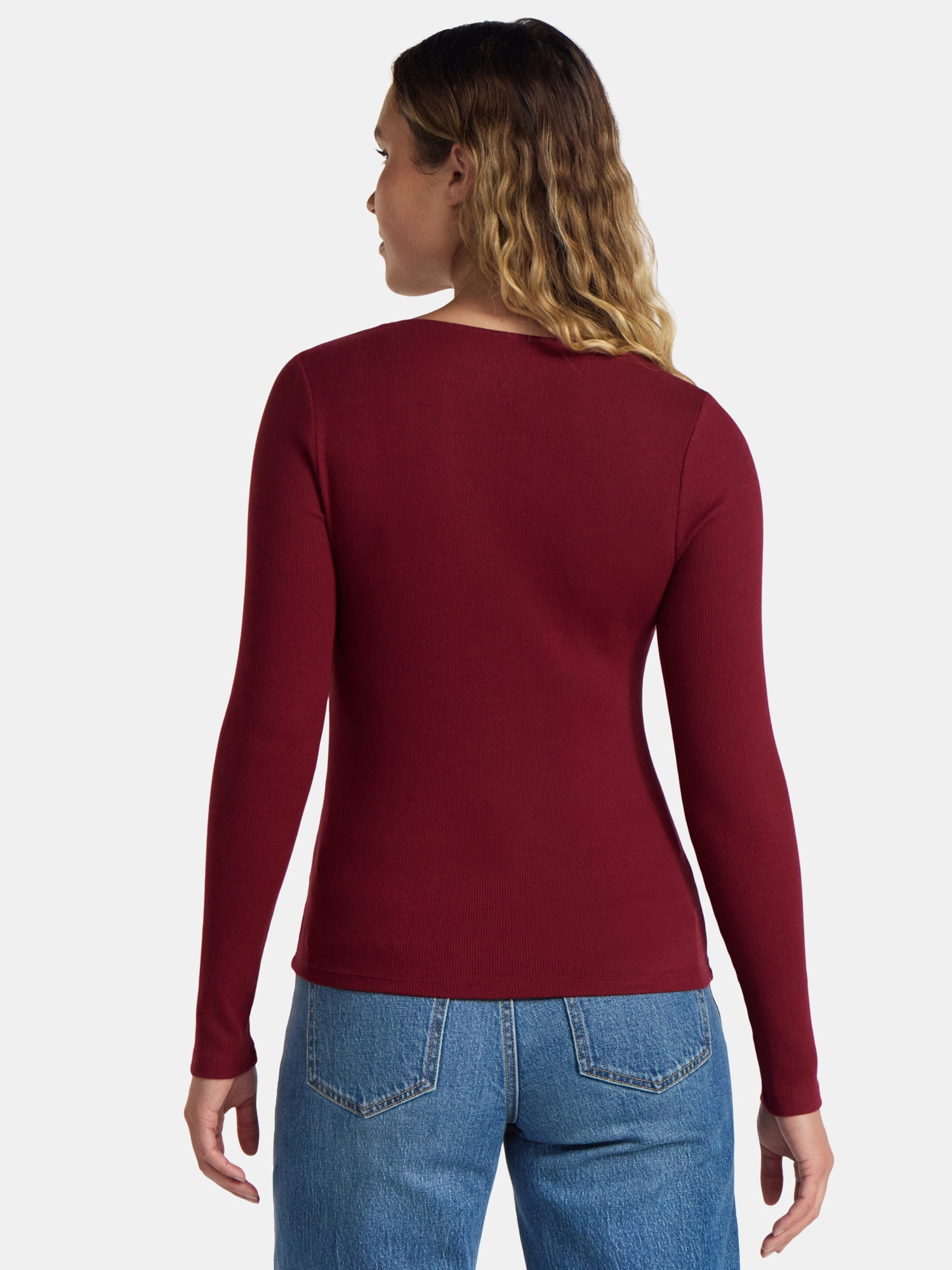 Time and Tru Women's Ribbed Square Neck Top with Long Sleeves, Size XS-XXXL