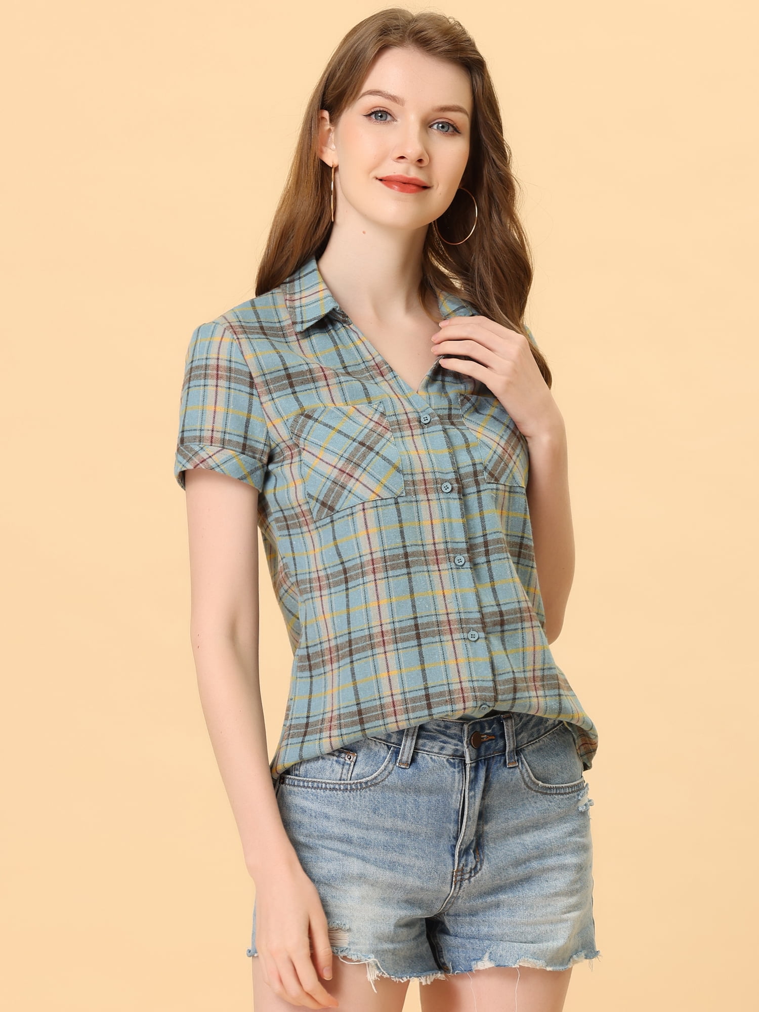 DARING DIVA Women's Casual Boyfriend Plaid Button Down Flannel Shirt S Gray Blue