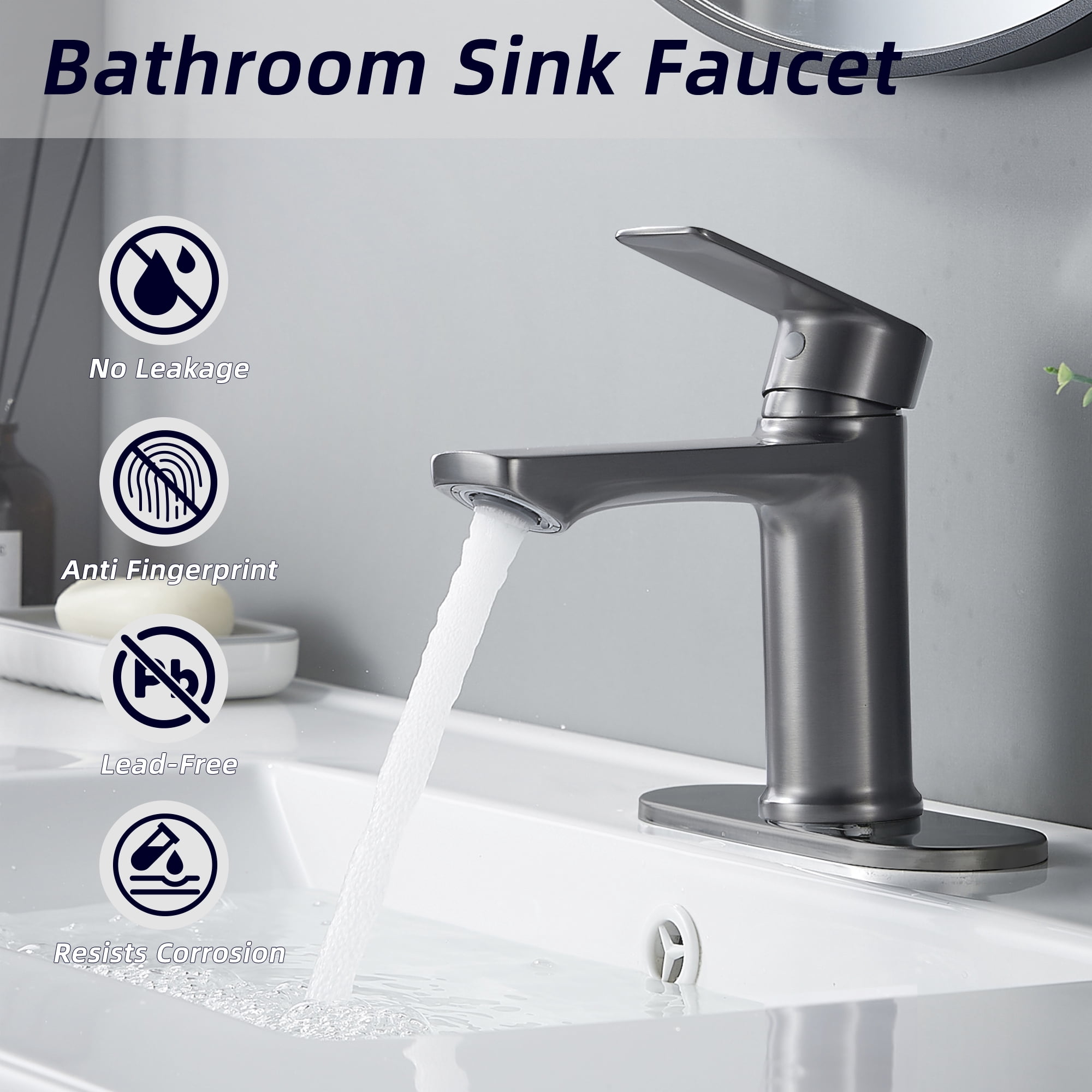 BELZ Gunmetal Waterfall Bathroom Sink Faucet, Single Handle Lavatory Faucet for 1 or 3 Hole Vanity with Deck Plate and Pop-Up Drain