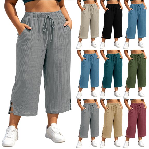 Bloomae Plus Size Wide Leg Capri Pants for Women Drawstring Elastic High Waisted Casual Side Slit Cutout Hem Lounge Capris Summer Loose Comfy Beach Vacation Cropped Trousers with Pockets