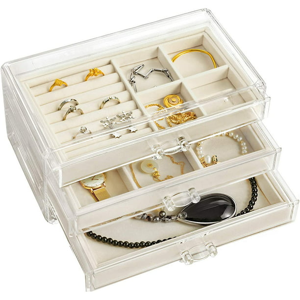 Acrylic Clear Jewelry Organizer Box 3 Drawers, Velvet Jewelry Storage ...
