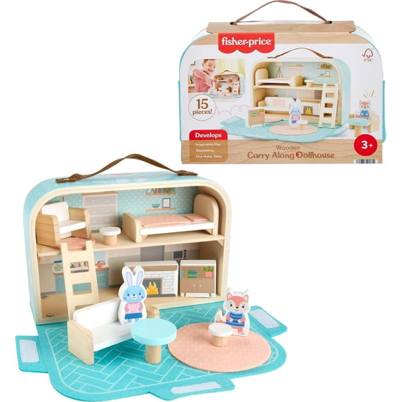 Fisher-Price Casa de Muñecas de Madera para Juego de Imaginación, Set Portátil de 15 Piezas para Niños en Edad Preescolar de 3+ Años