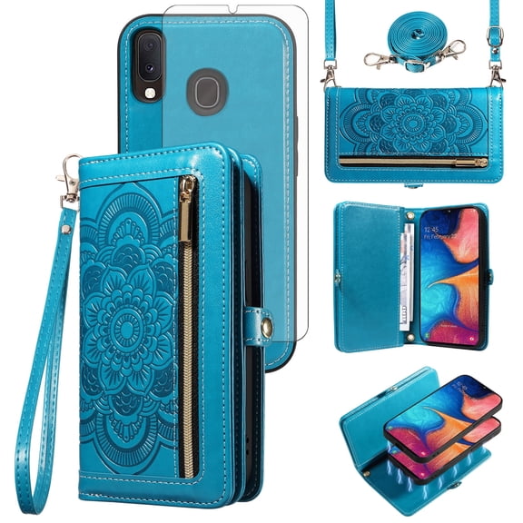 Asuwish Detachable Magnetic Zipper Wallet Phone Case with Flower Pattern and Screen Protector for Samsung Galaxy A20e, Blue