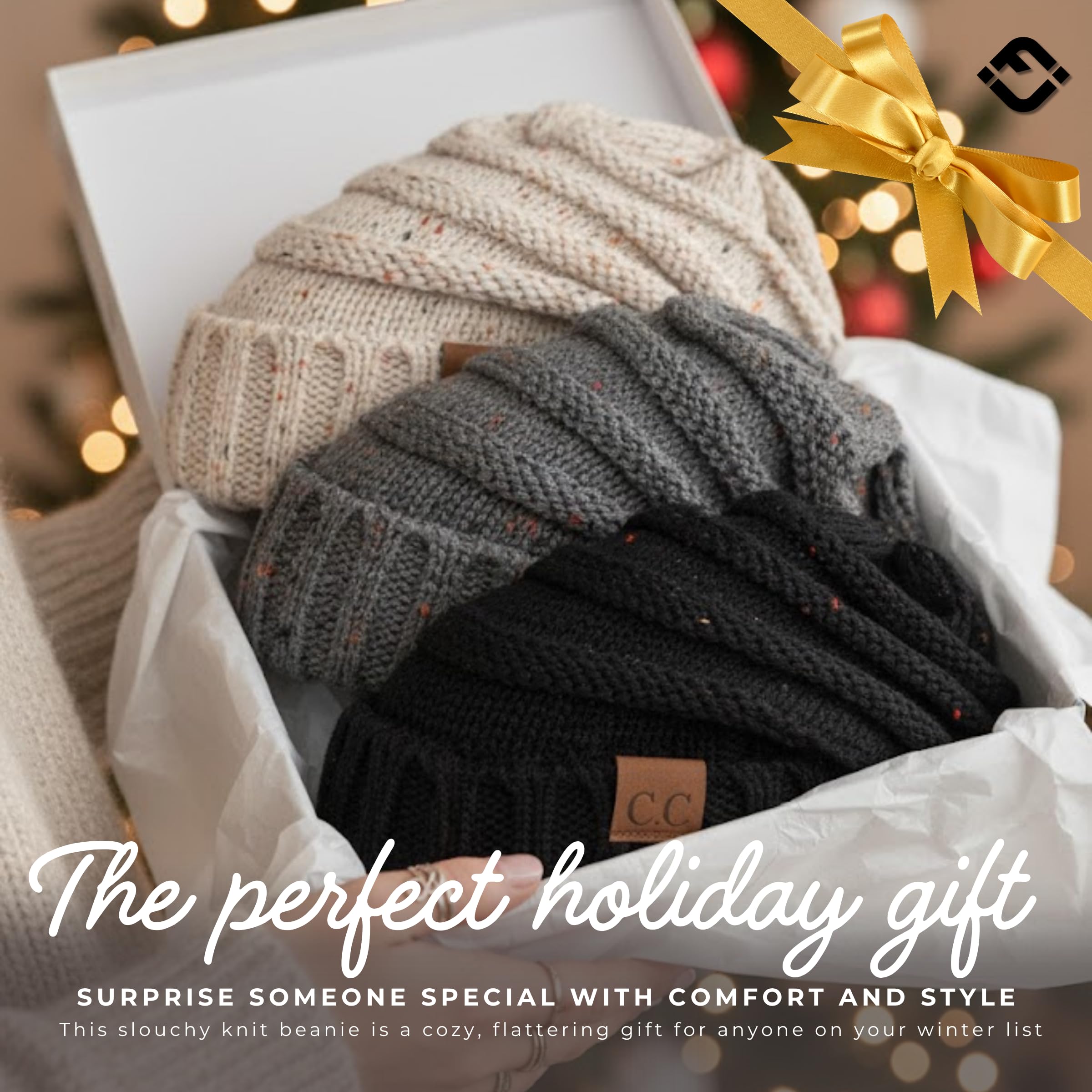 Funky Junque Slouchy Beanie for Women – Soft Chunky Cable Knit Oversized Slouch Beanies - 3 Pack - Black Confetti, Melange Grey Confetti, Oatmeal Confetti