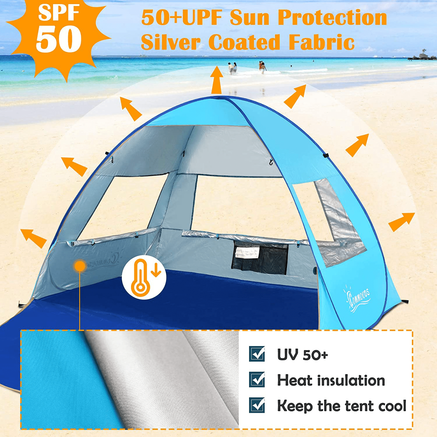 Lightweight and Easy to Carry Silver COMMOUDS Beach Tent Beach Umbrella Outdoor Sun Shelter Canopy Cabana UPF 50 Sun Shade Easy Set Up 3-4 Person