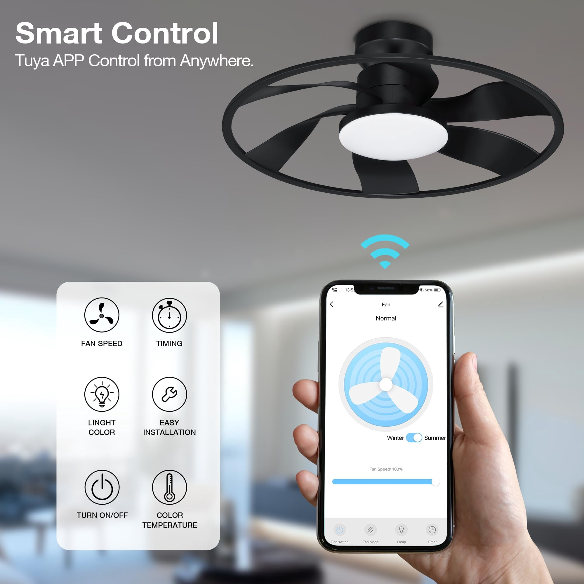 22" Smart Low Profile Ceiling Fans with Lights Remote,Quiet DC Motor,Bladeless Flush Mount Ceiling Fan Controlled by WiFi Alexa App,Modern Black for Small Indoor Bedroom Outdoor Patio