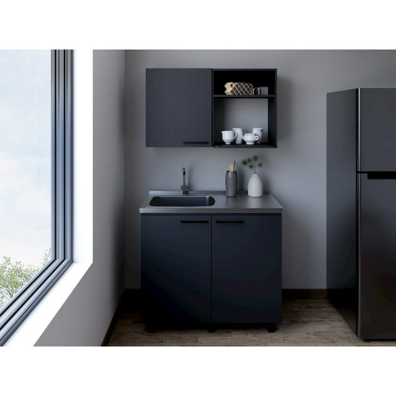 We Have Furniture Alexandria 2 Piece Kitchen Set, Wall Cabinet Utility Sink, Black Wengue Finish