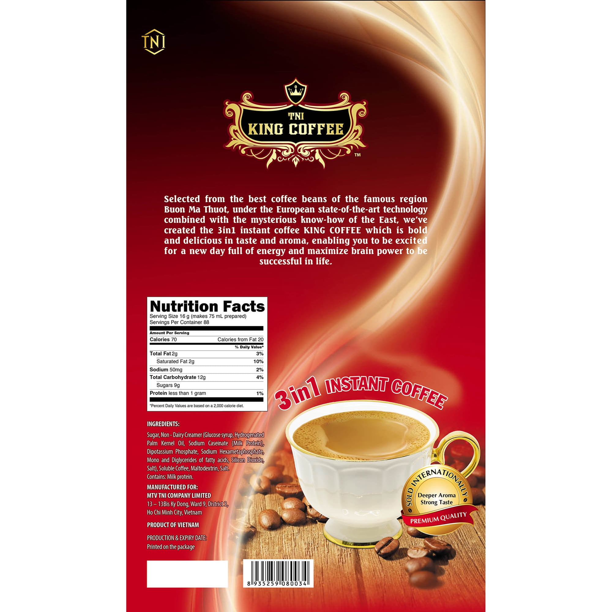 TNI King Coffee 3-in-1 Instant Coffeemix Sticks, Medium, 0.56 oz, 120-count