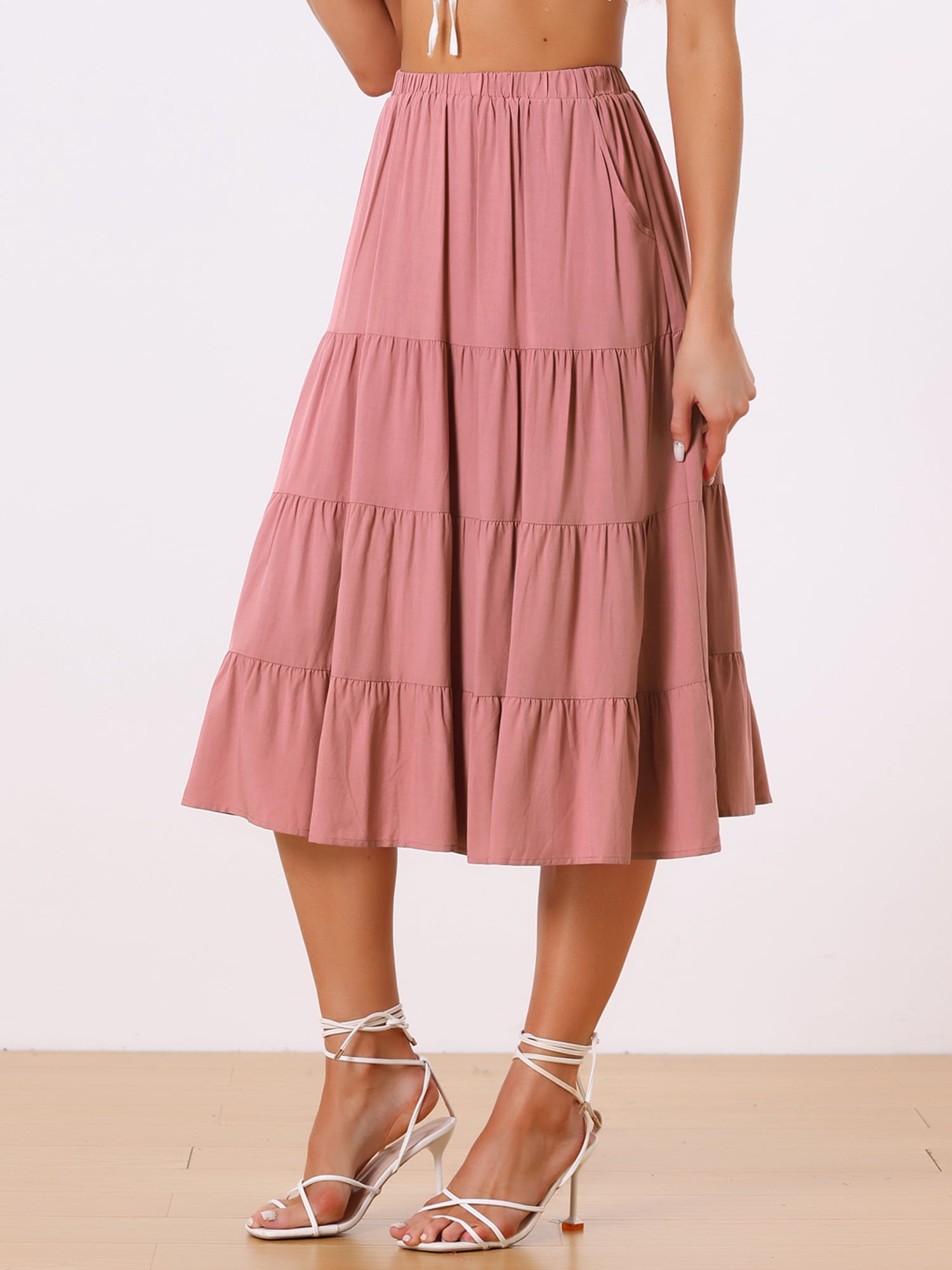 DARING DIVA Women's Flare Tiered Pleated Solid Elastic Waist A-Line Skirt M Dark Rose Pink