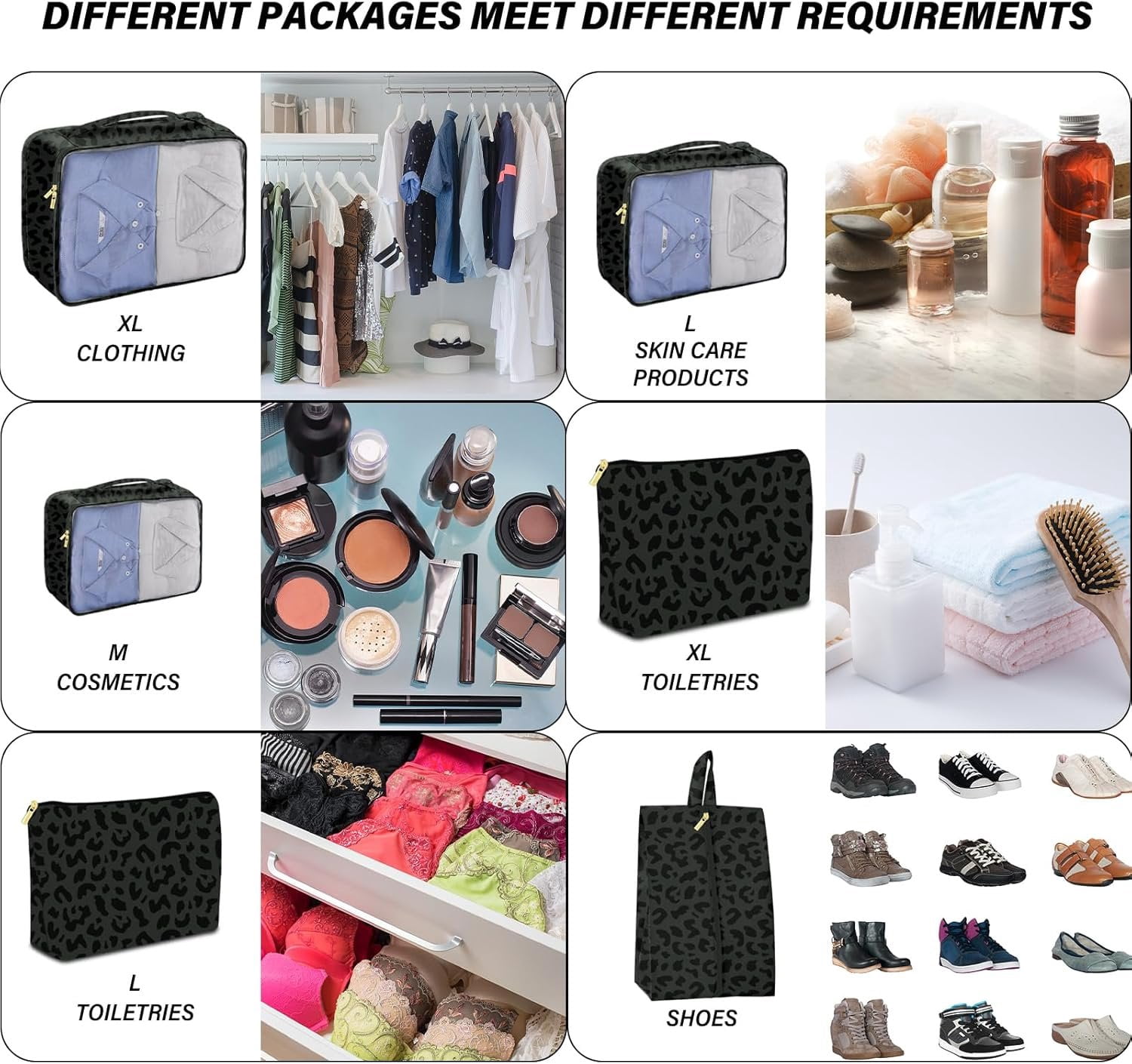 7 Set Packing Cubes Travel Luggage Organizers for Suitcase Travel Accessories with Shoe Bag for Women Girls Aesthetic Cute-Black Leopard