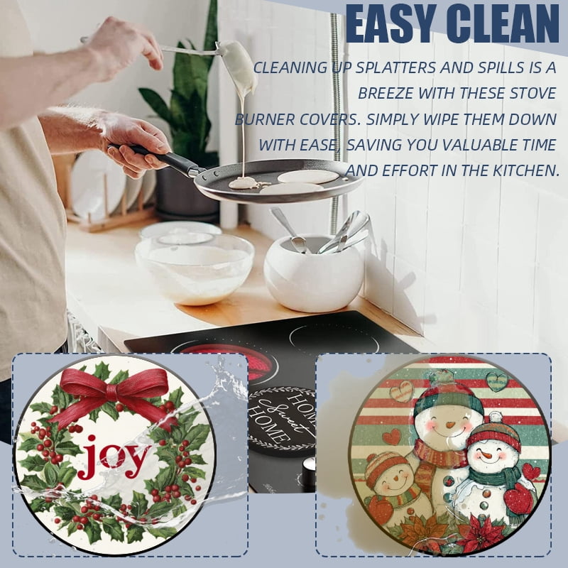 4 Pcs Christmas Gas Stove Burner Cap Set, Merry Christmas Joy with Black Border Durable Round Gas Stove Burner Covers Set of 4 for Kitchen Xmas Decor, 8 Inches and 10 Inches