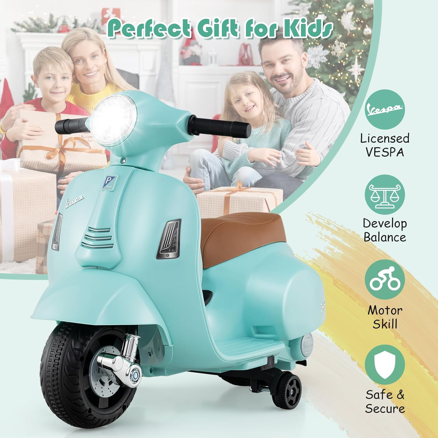 Licensed Vespa Kids Motorcycle by OLAKIDS, 6V Battery Powered Motorbike for Toddlers with Training Wheels, Horn, LED Lights, Electric Ride on Toys for Boys Girls Aged 18-36 Months