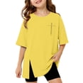 thumbnail image 2 of Girls Short Sleeve T Shirts Yellow Oversized Crew Neck Side Split Tops Loose Fit Casual Basic Summer Tees 9-10 Years, 2 of 5