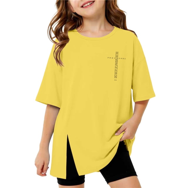 Rovga Girl T Shirts Short Sleeve Tee With Side Slit Cute Print Round Neck Top Charm Spring Clothes Light Yellow 3-4 Years